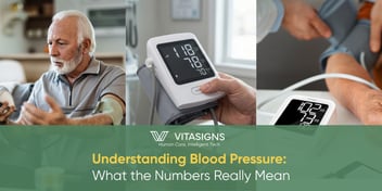 Elderly man checking blood pressure at home with an upper-arm cuff, digital BP monitor reading shown in close-up, and a caregiver assisting with a blood pressure measurement.