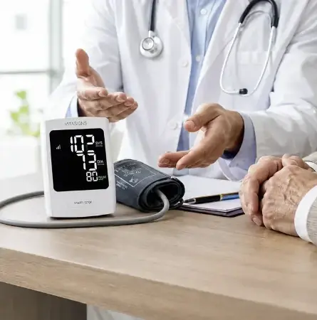 A provider explaining a connected blood pressure monitor to a patient
