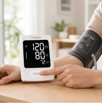 A patient taking a blood pressure reading at home