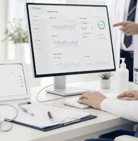 Clinical team members reviewing patient vital-sign trends on a monitoring dashboard